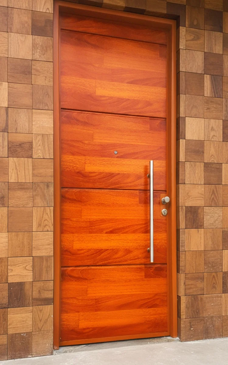 Puerta ingreso madera con manillon vertical acero instalada en residencia.