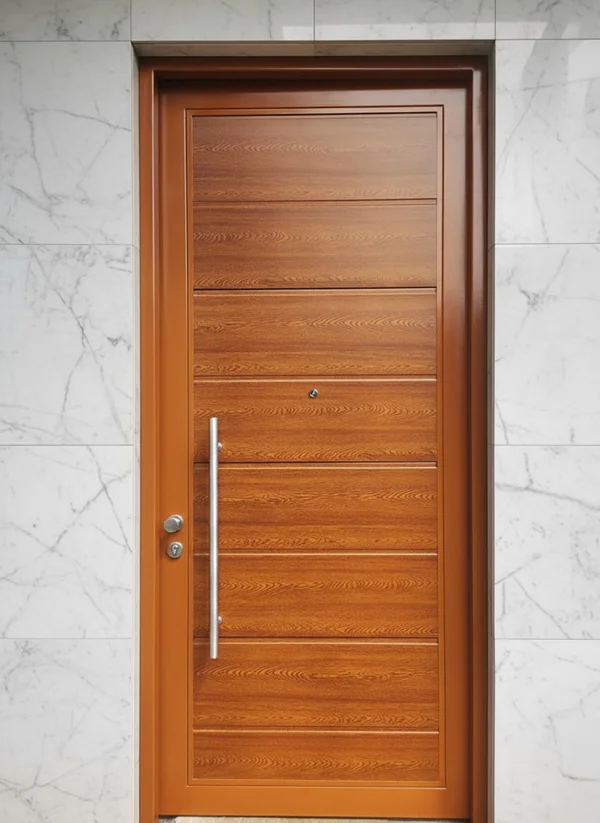 Puerta ingreso tipo cedro con manillon vertical instalada en residencia.