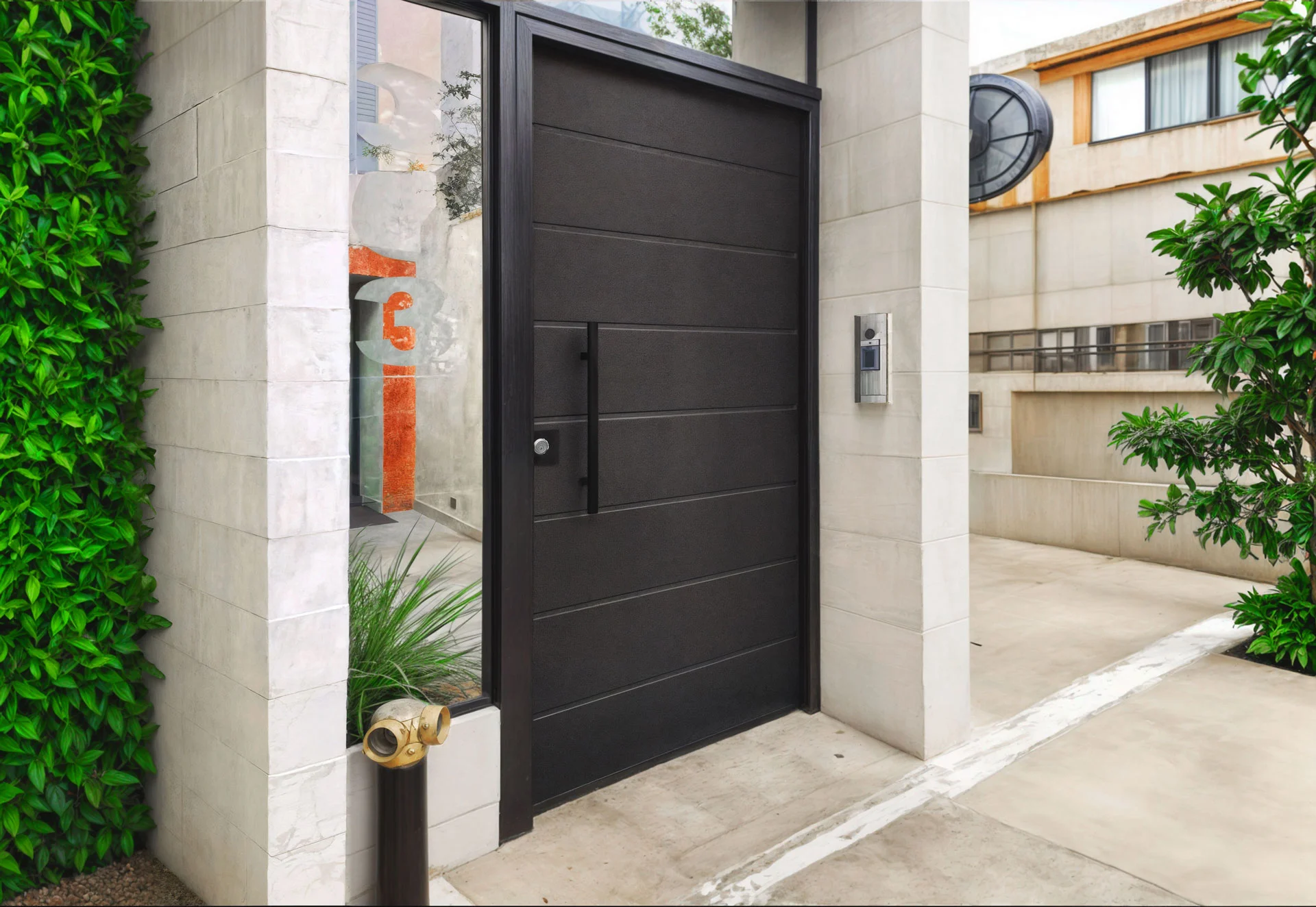 Puertas principales modernas acabado madera instalada en residencia.