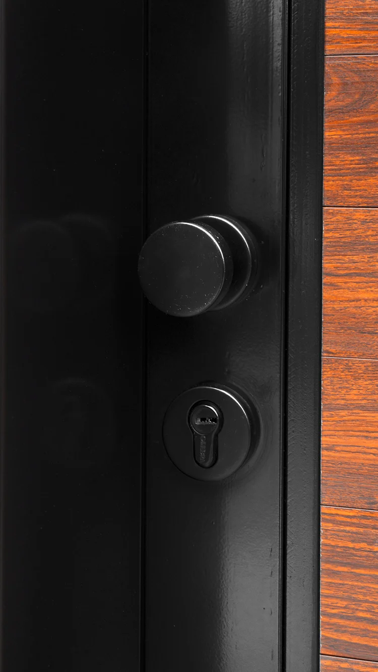 Detalle de un pomo o tirador de seguridad en color negro para una puerta de ingreso principal moderna.