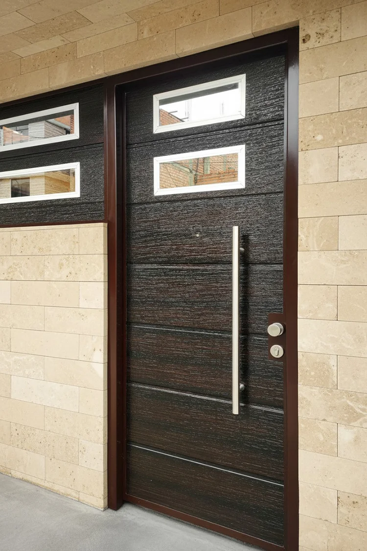 Puerta acabado ébano con paneles de vidrio laterales.