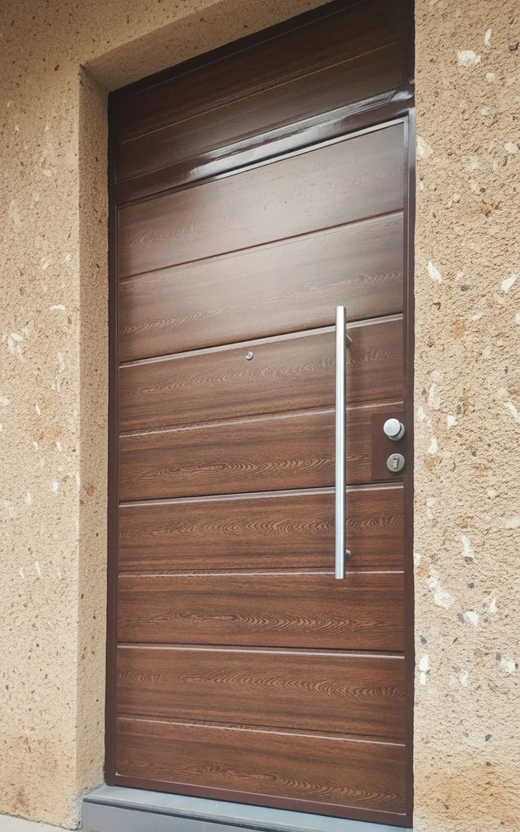 Puerta de ingreso para residencia con acabado tipo cedro.