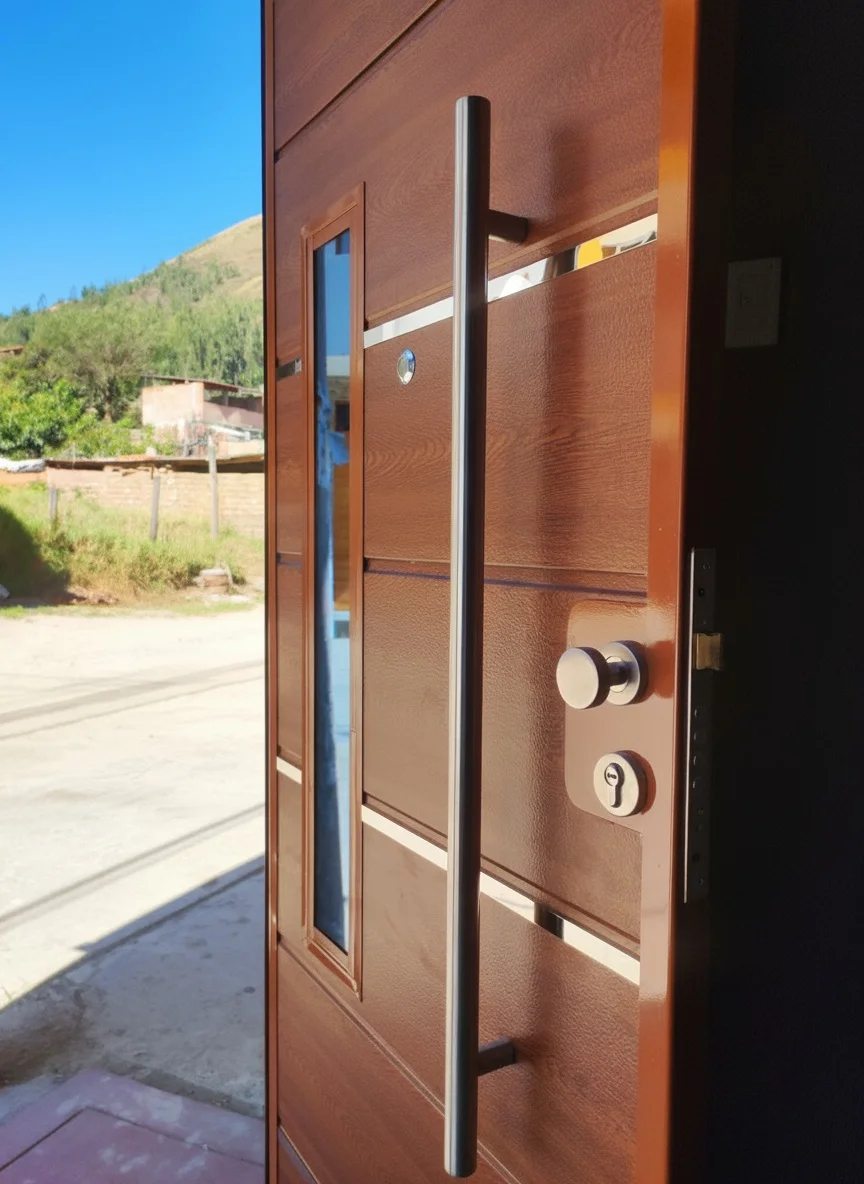 Puerta de madera equipada con un manillón largo de acero inoxidable.