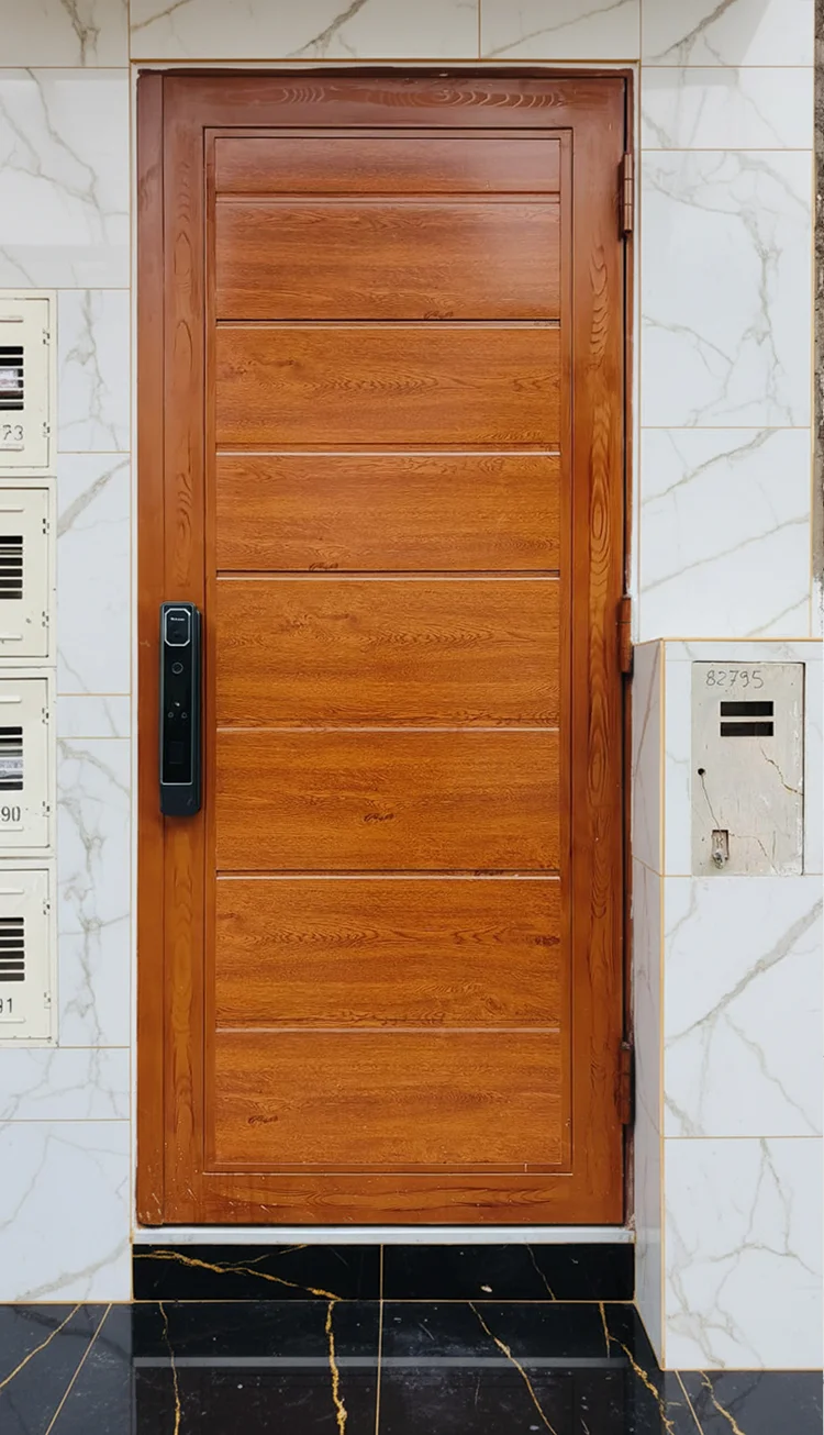 Puerta de ingreso principal acabado madera con cerradura digital inteligente y jalador vertical de acero inoxidable.