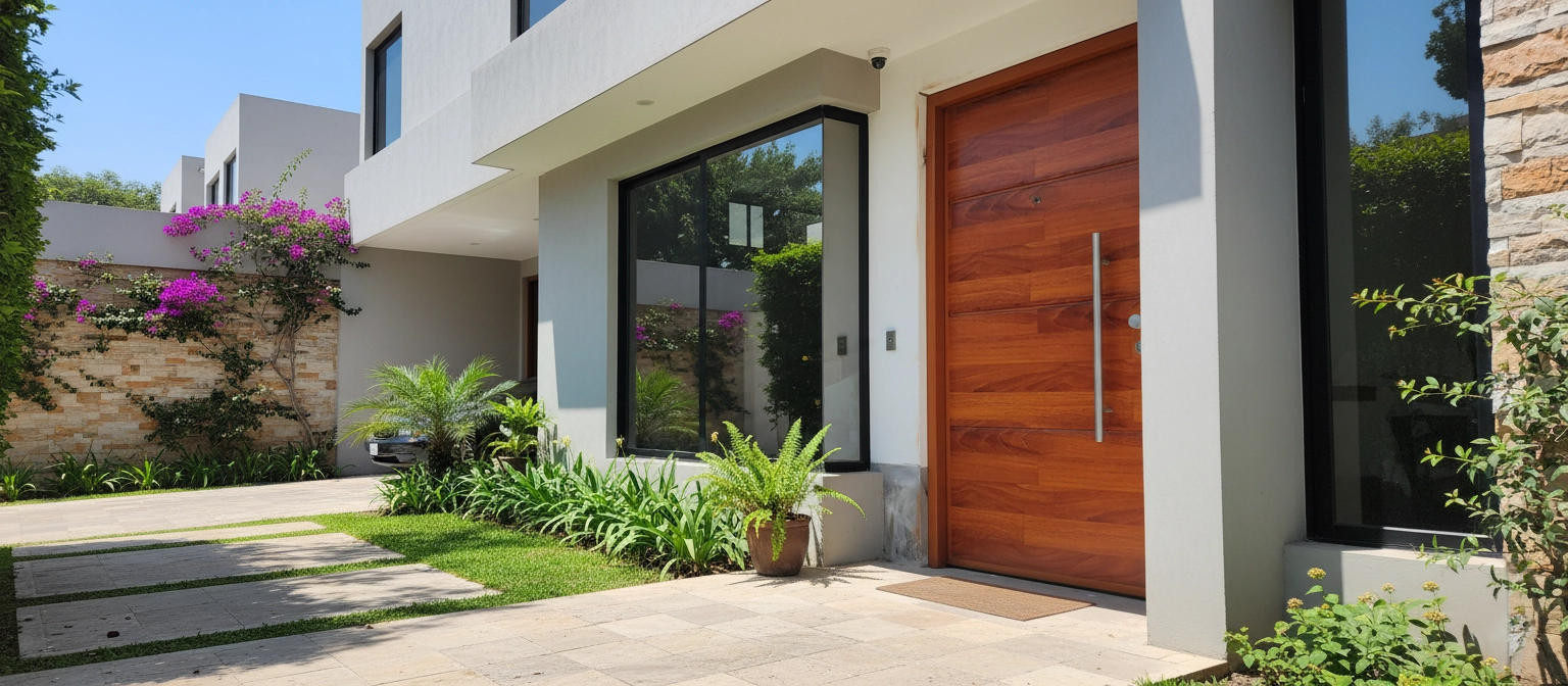 Puertas principales de acero con acabado de madera moderna.